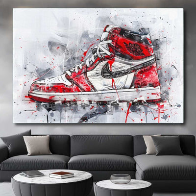 soggiorno appesa stampa su tela contemporanea con la sneaker nike jordan 1 retro high og, stile pop art